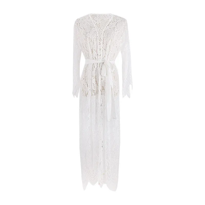 Women Sexy Beach Dress White Lace Kimono Beach Bikini Cover Ups Wrap Cardigan Beachwear Hollow Out Long Dress Sundress