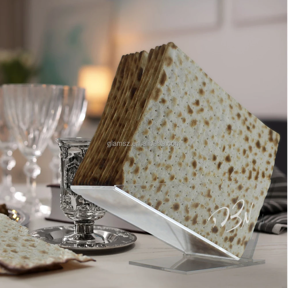 Passover Gelatin matzah holder with silver swirled text Transparent triangular box