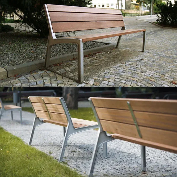 Popular Design Outdoor Street Public Park Wooden Bench Chair 3 Seater Long Leisure Wood Garden Bench With Cast Aluminum Legs
