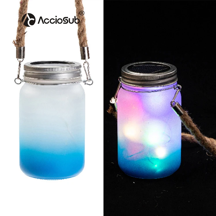 AccioSub Wholesale Gradient Colored Bottom Fairy Lights Rope Hanging Customized Glass Can Blanks Frosted Mason Jar Sublimation