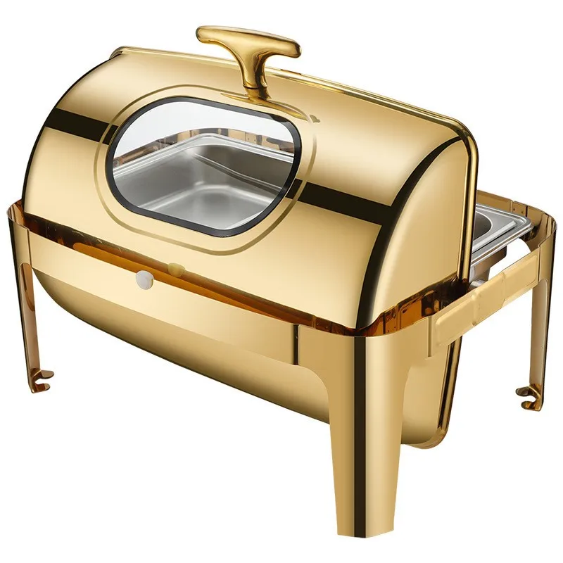 9 Quart Gold Roll Top Rectangular Stainless Steel Chafing Dish Buffet servers Set and Warmers Set Warming Tray Glass Window