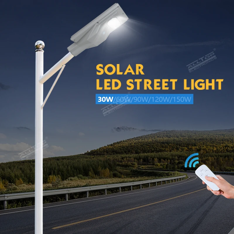 ALLTOP High Lumen Ip65 Waterproof Parking Lot SMD 30w 60w 90w 120w 150w Dimmable All In One Solar LED Street Light