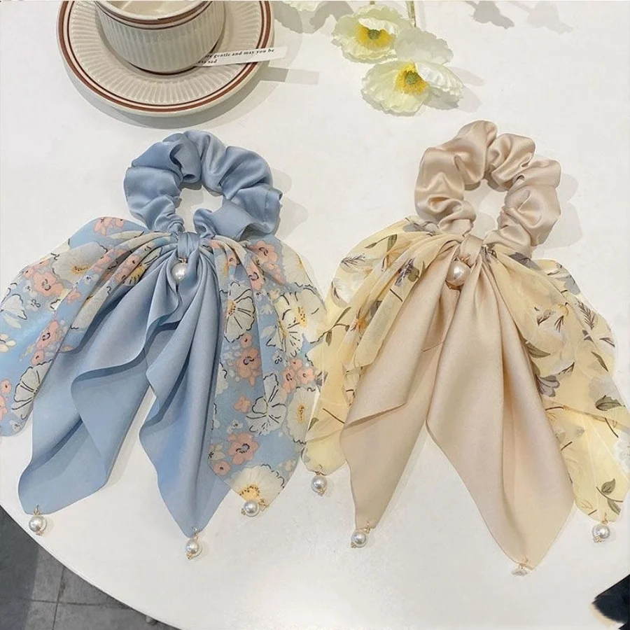 Women Floral streamer Scrunchy Bow scrunchies Headpiece Summer Hair Tie High Ponytail Hair Accessories Wholesale