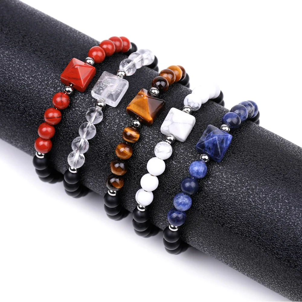 Wholesale Matte Cutting Pyramid Charm Natural Stone Bracelet Tiger Eye Stone Pyramid Shape Lucky Charm Natural Stone Bracelet