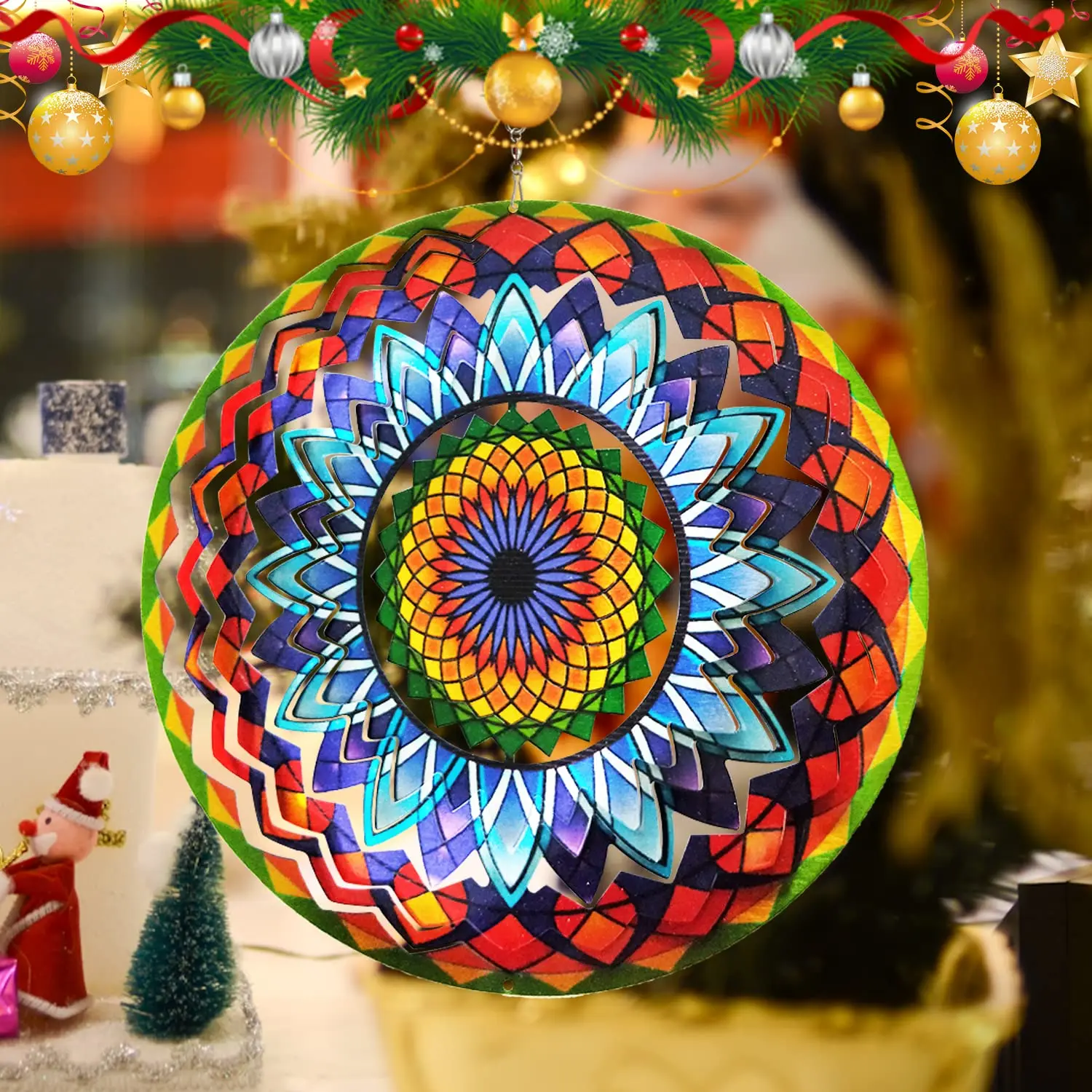 Wind Spinner Mandala Sun Flower 12 inches 3D Stainless Steel Laser Cut Metal Art Geometric Pattern