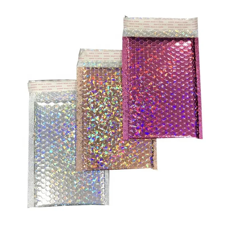 Custom Printed Pink Colored Laser Film Bubble Mailing Bag Metallic Bubble Mailer
