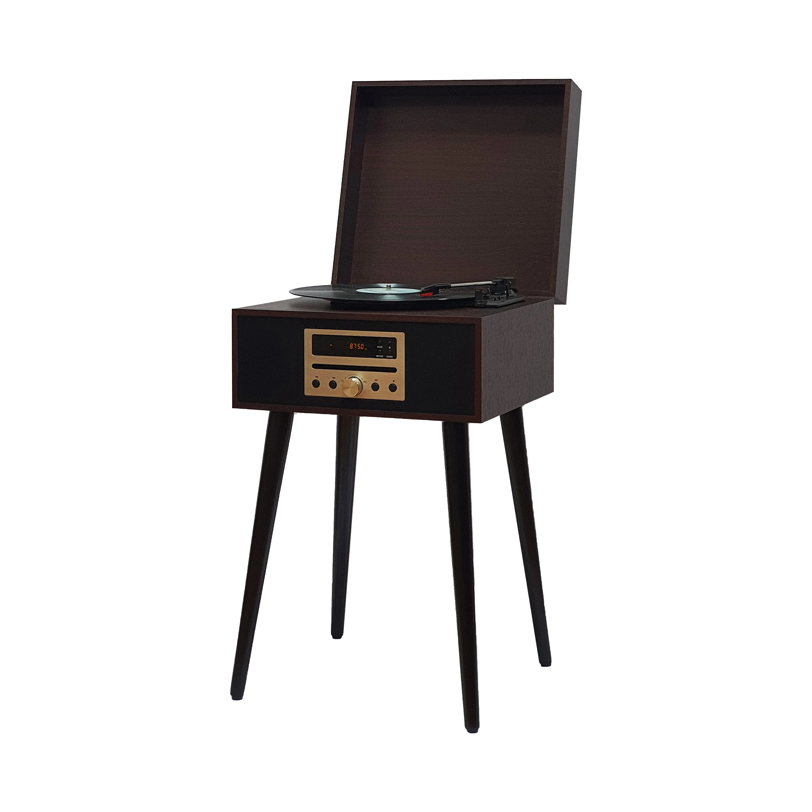 High Quality Vinyl Turntable Player Built in Speakers Record Player with BT/CD/FM/USB & Detachable Wooden Legs