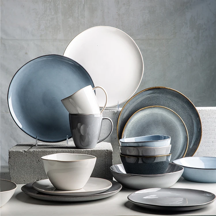 5pcs High Quality Western Hotel Restaurant Use Ceramic Dinnerware set with Popular Blue Reaction Colored Glazed kitchenware cera