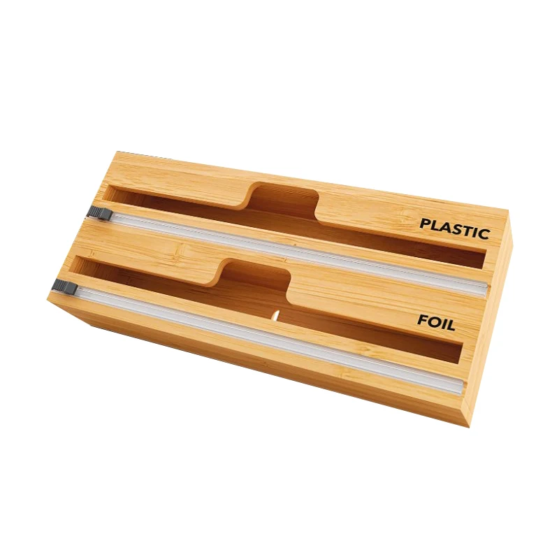 Wrap Dispenser Cutter and Label Plastic Wrap Aluminum Foil and Wax Paper Dispenser Kitchen Drawer Bamboo Roll Organizer