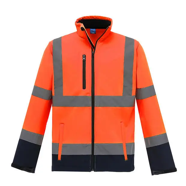 Wholesale Polyester Cotton Blend Fleece Stand Collar Raincoat Waterproof Road Safety Reflective Strip High Visibility Men Jacket