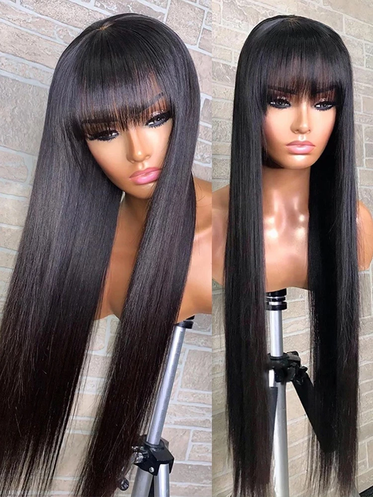 
180% Density Brazilian Straight Human Hair Wigs With Bangs Remy Full Machine Made Human Hair Wigs For Women 10-50Inch Fringe Wig 