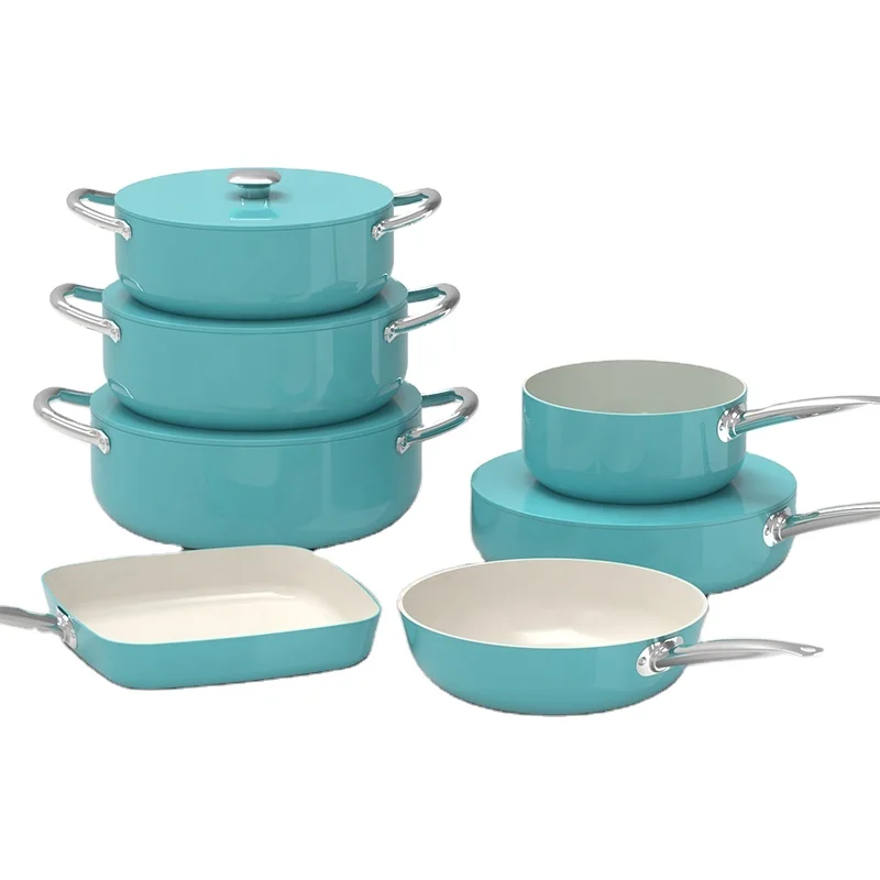 11 Pieces Sky Blue Press Aluminum White Ceramic Nonstick Cookware Sets Pots and Pans