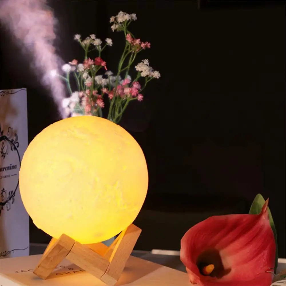 Rechargeable Battery Operated Decorative Mist Humidifiers, Portable Round 3D Moon Lamp Humidifier Essential Oil Diffuser 880ml