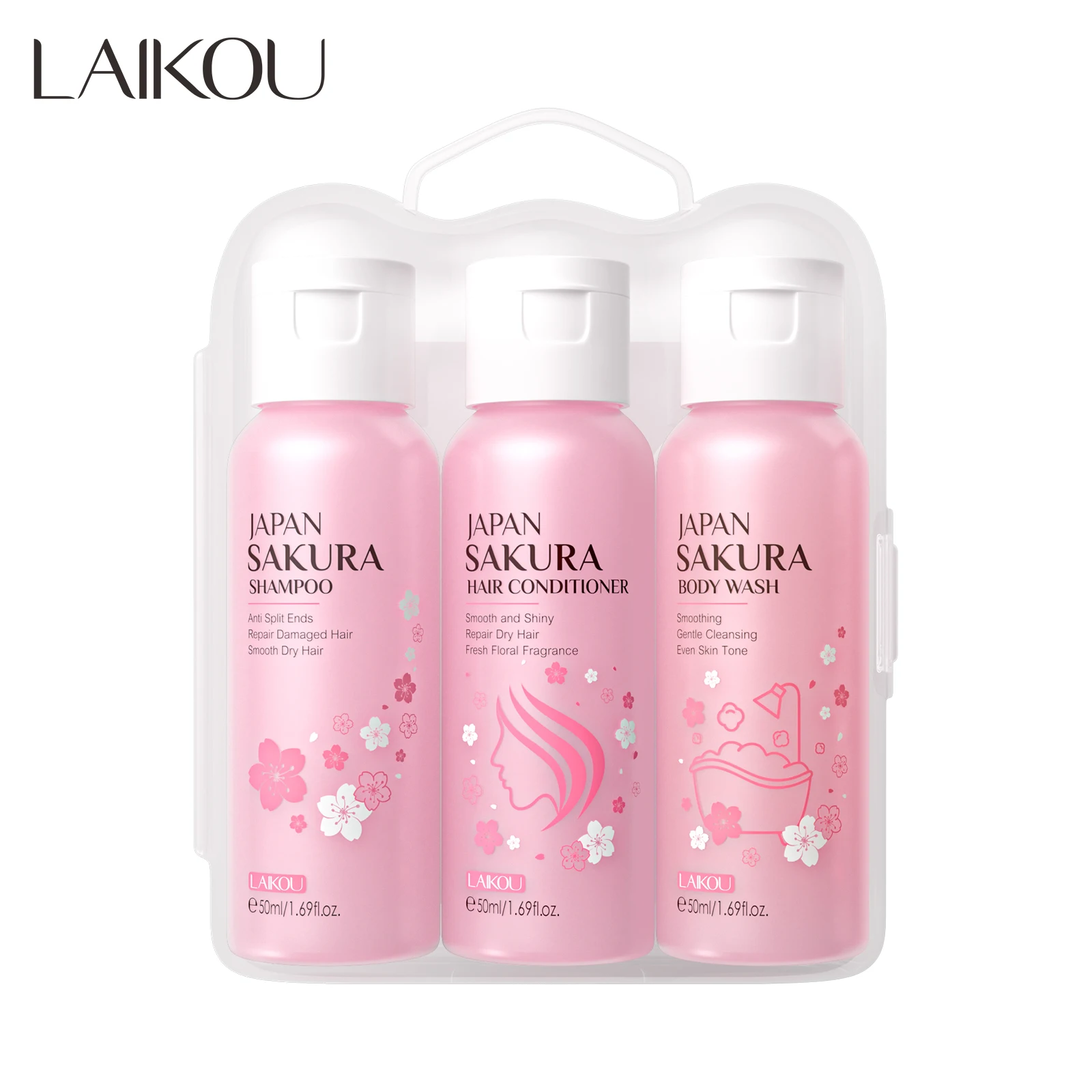 LAIKOU Japan Sakura Bath Hair Care 3PCS Travel Kit Amino Acids Shampoo Conditioner Shower Gel Body Wash