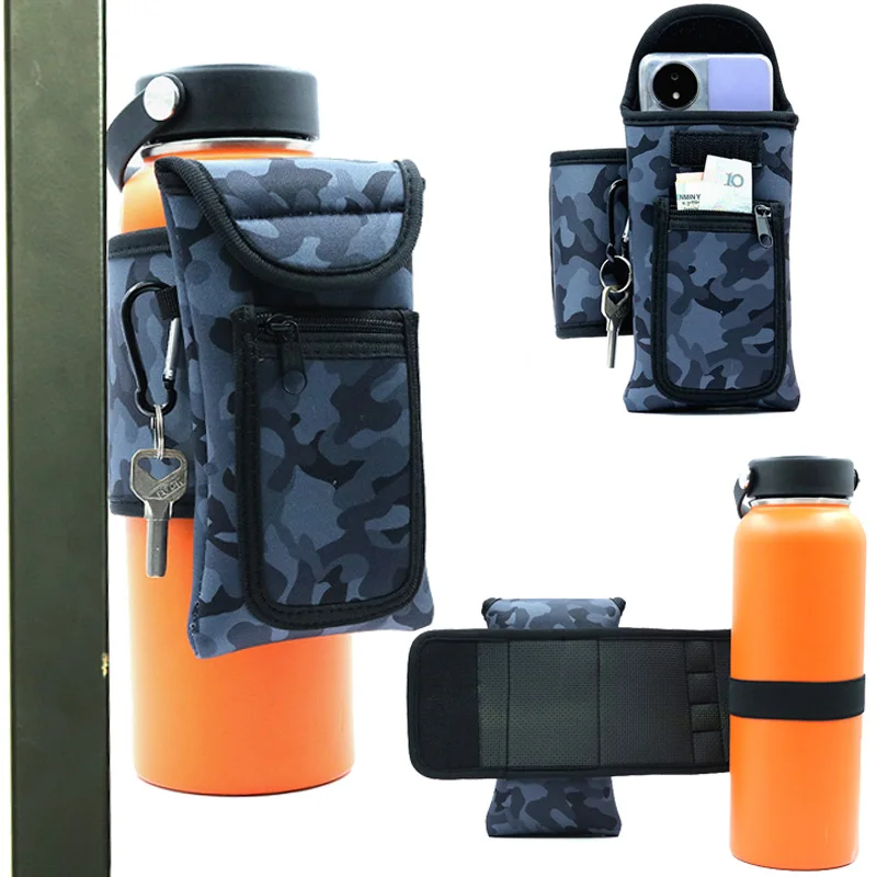 Camouflage Magnetic Water Bottle Sleeve Pouch Magnet Cup Cover with Pocket Portable Gym Mate Non slip  Neoprene Key Phone Bags