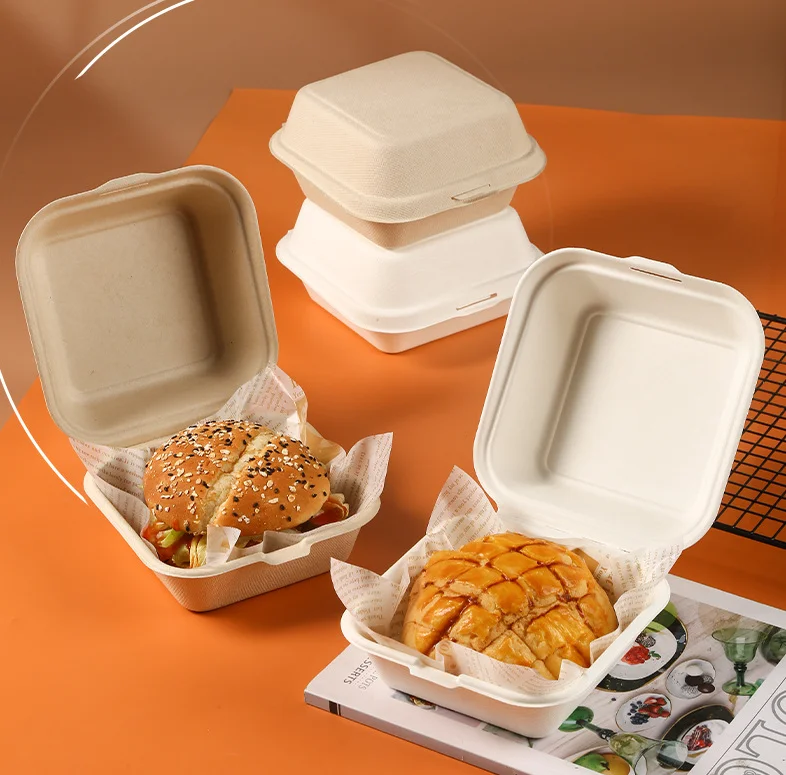 Disposable Biodegradable Lunch Container Box Sugarcane 9 inch Food Container Burger Bakery Packaging Bagasse Clamshell Box