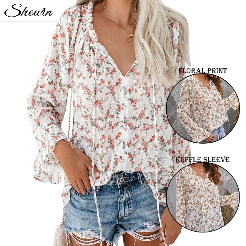2022 Summer Elegant Ladies Floral Print Drawstring Lantern Sleeve Silk Korean Blouse