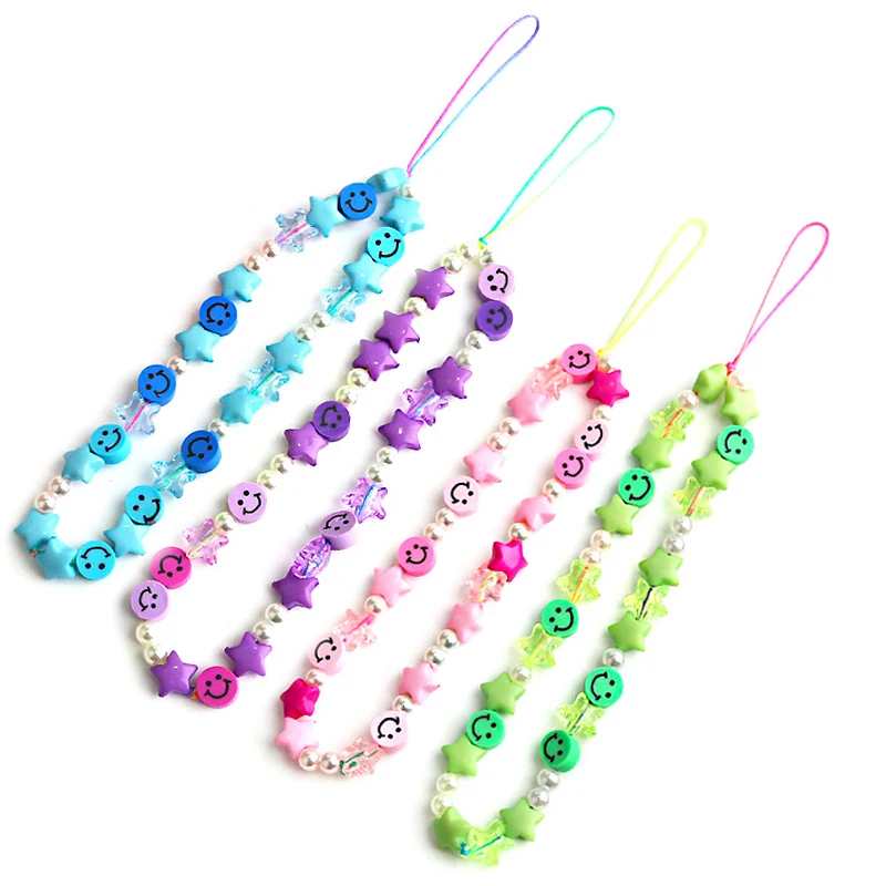 2022 Phone Charm Strap String Smile Face Fruit Pearl Beaded Charm for Women Girls Phone Keychain Wrist Strap