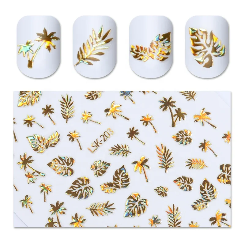 
1Pcs 3D Holographics Nail Sticker Coconut Tree Leaf Gold Nail Adhesive Decals Holo Laser Glue Tips Nail Art Decoration 