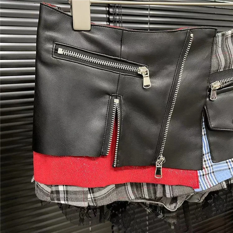 2024 Summer New Patchwork Plaid Irregular Pleated Mini Skirt For Women Zipper Pockets Lace Design Skirts