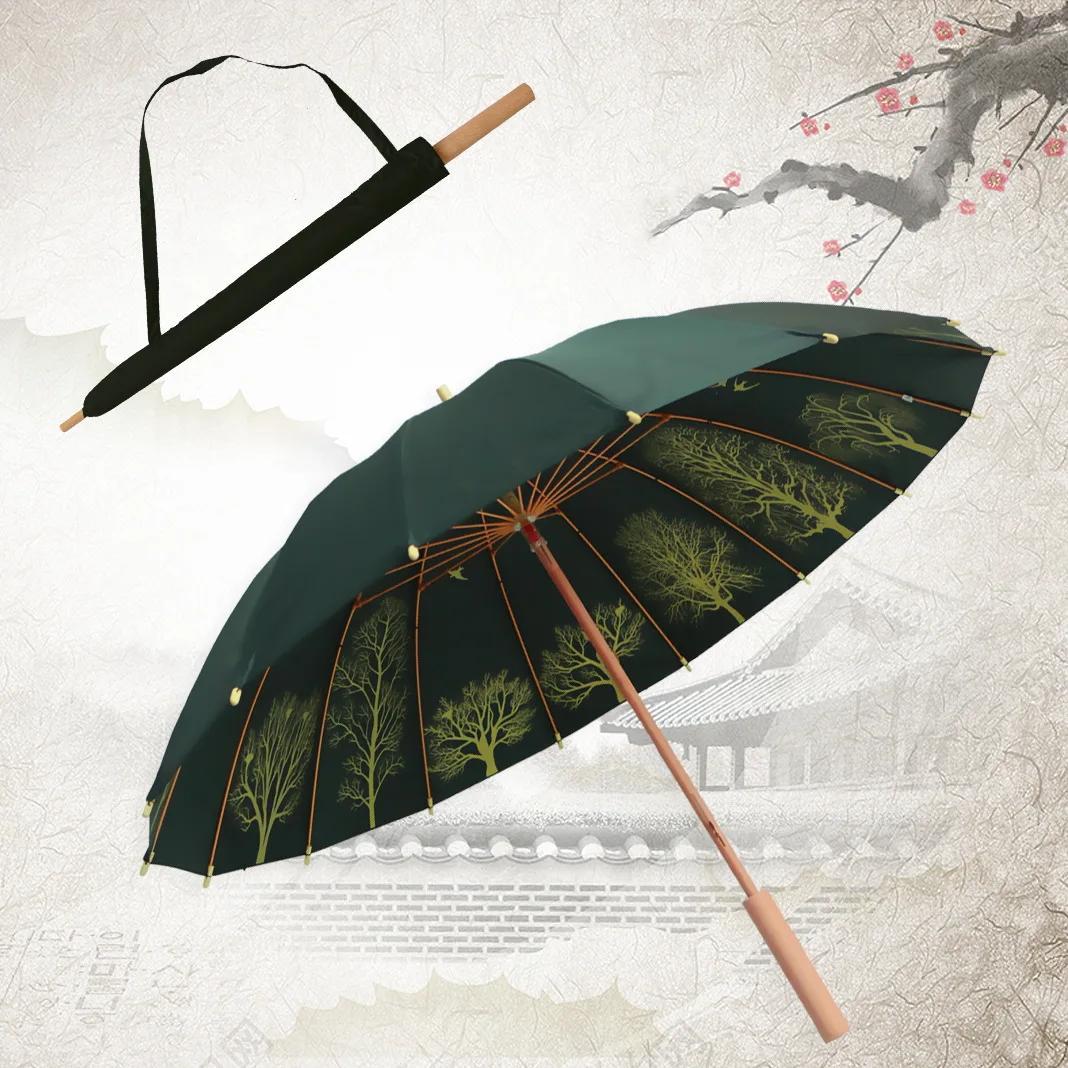 Fashion Style Wooden Handle Umbrella 16 Rib Long Handle Straight Umbrella Crafts Large Manual Sunshade Umbrella For Outdoors