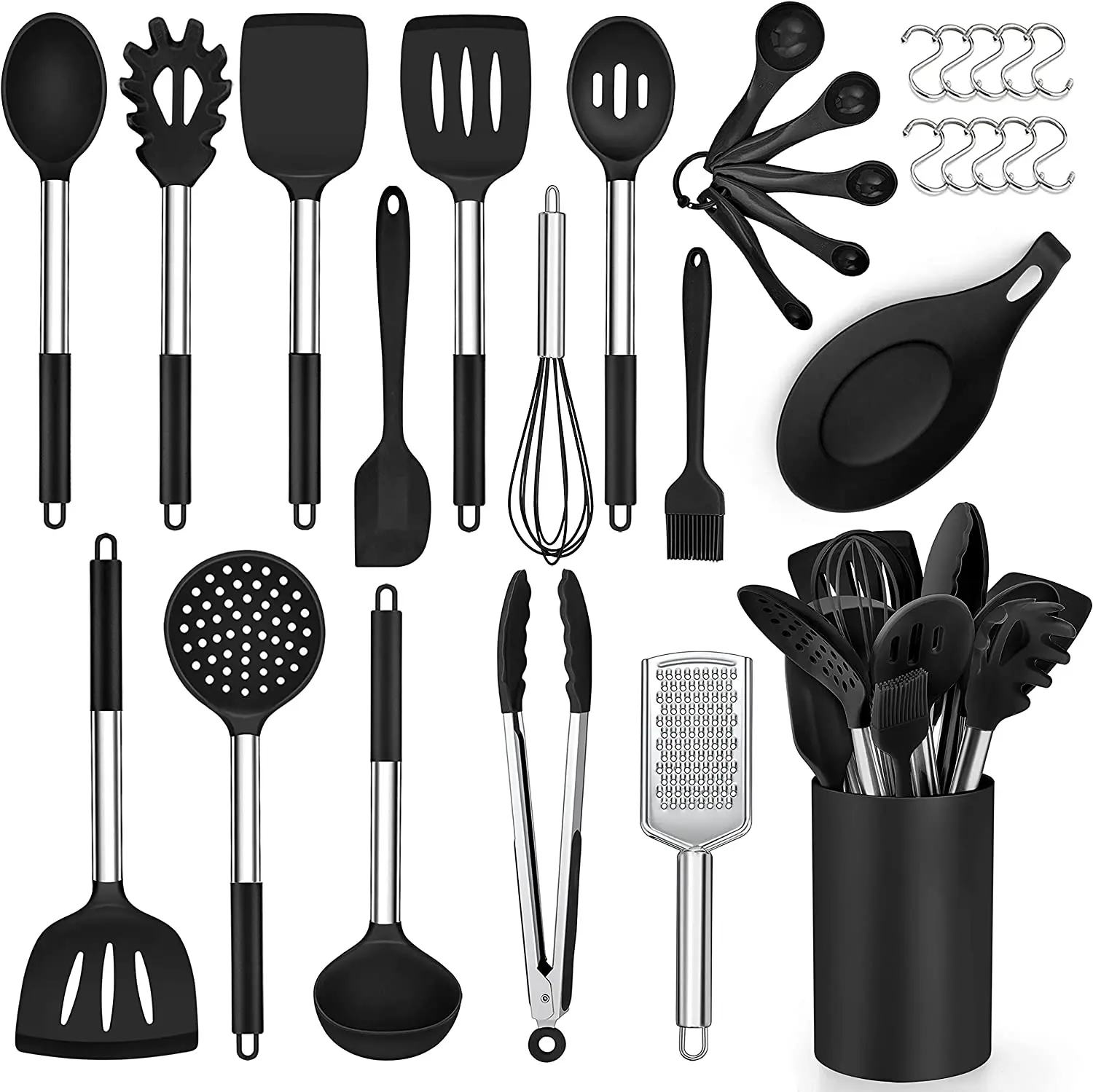 30pcs Kitchen Utensils Set with Handle BPA Free Silicone Cooking Utensils Set with Holder for Dishwasher Safe