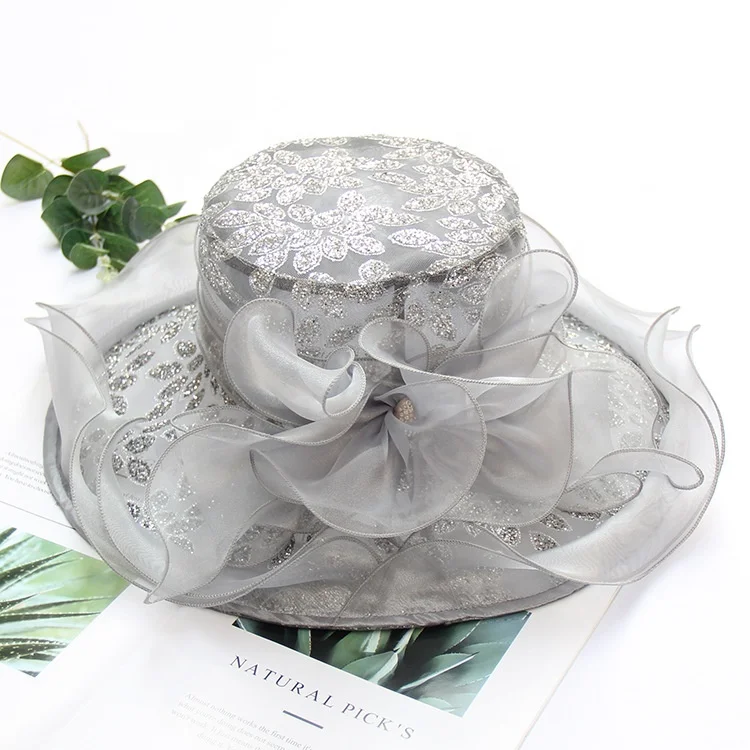 Classy Rhinestones Bling Church Hats Wedding White Organza Top Hat For