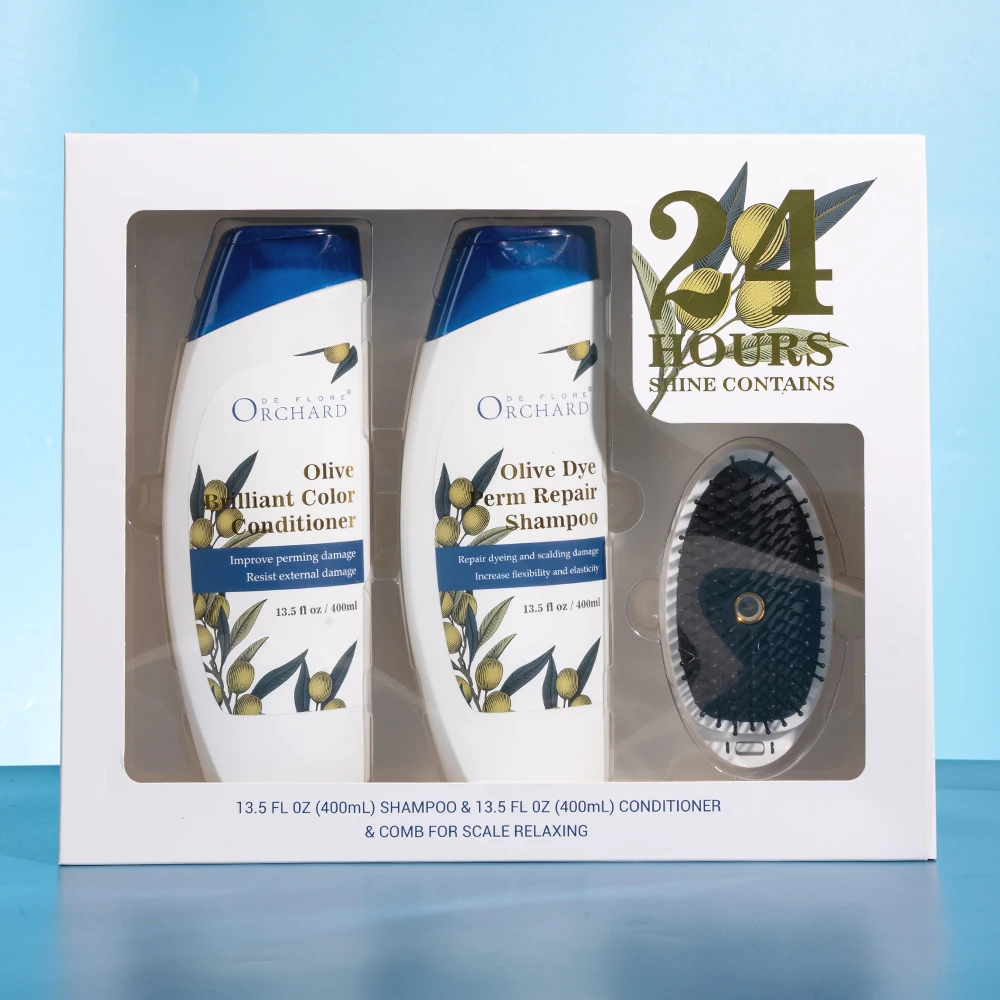 Private Label Olive Oil Dye Perm Repair Hair Dye Shampoo And Conditioner Set With Shampoo Brush
