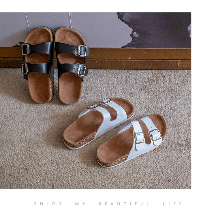 European and American household cork sole contrac women custom logo sandal one - word open toe flat beach slippers
