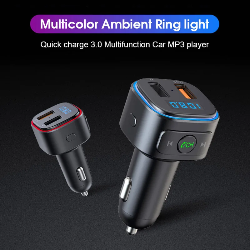 Dual USB Qc3.0 Quick Charge With Ambient Ring Light Handsfree BTCar Kit Fm Radio Transmitter Car Mp3 Player
