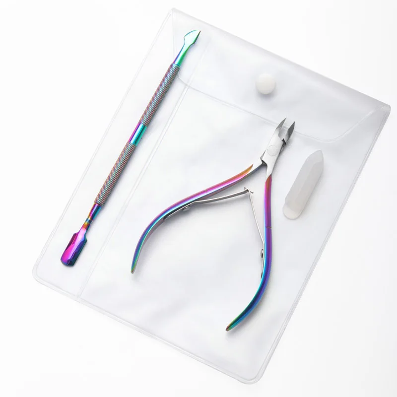 Rainbow Silver Black Stainless Steel  Nipper Clipper Dead Skin Remover Double head Nail Cuticle Pusher Scissors Set for Manicure