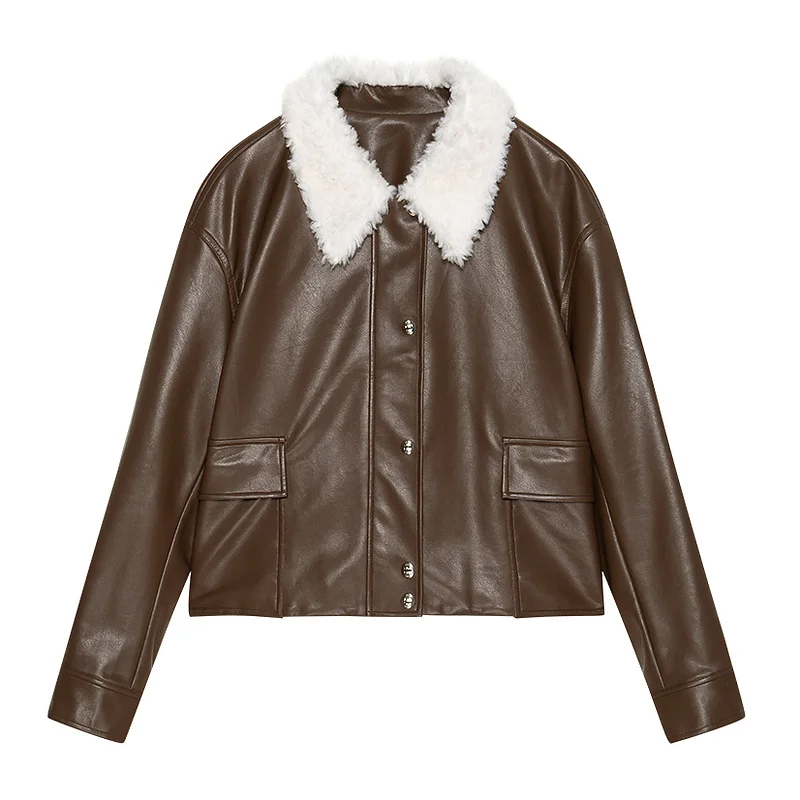 YRP017 Women Spread Collar PU Leather Jacket Top quality Faux Nappa Sheep Jackets