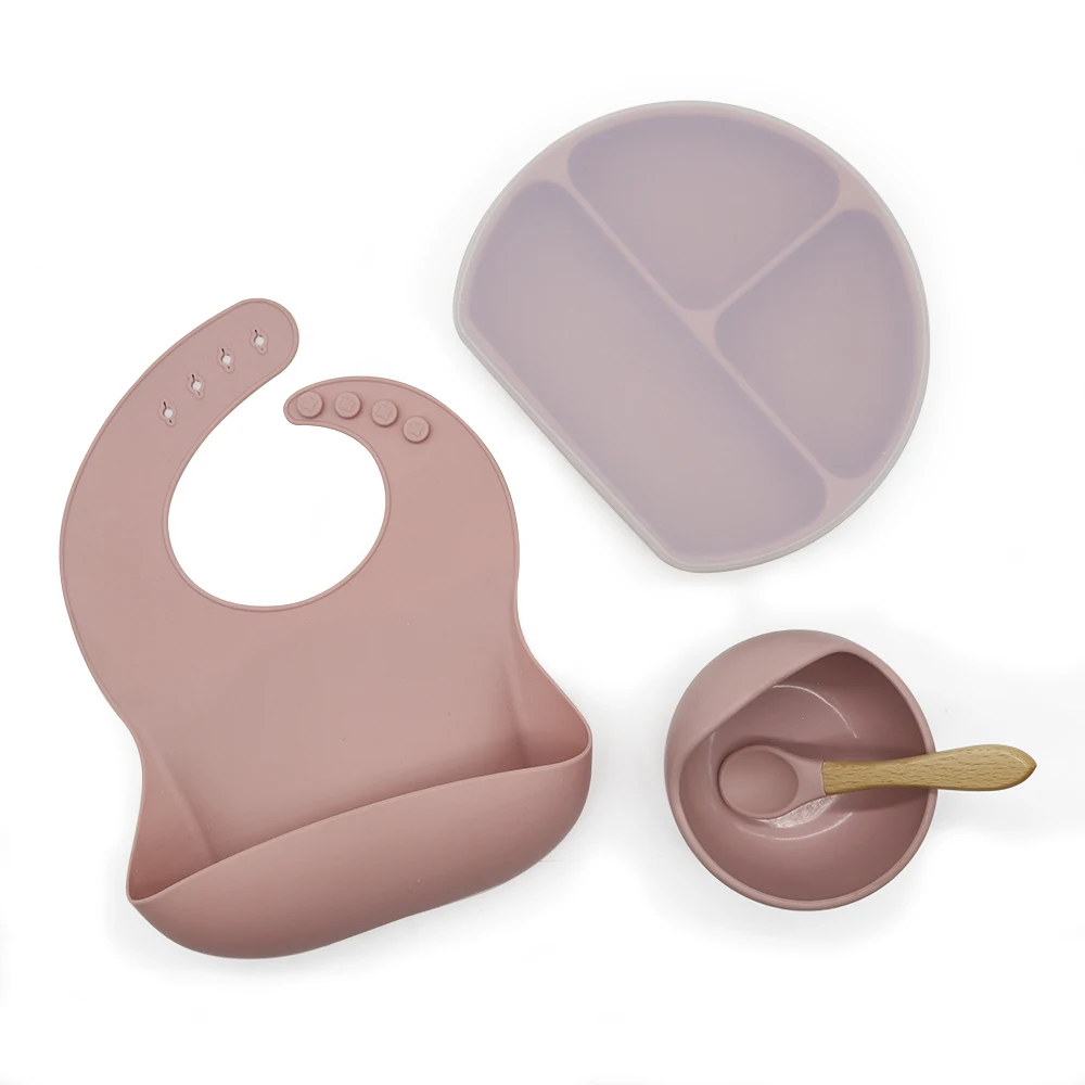 Baby Led Weaning Feeding Supplies Toddler Waterproof Bib Silicone Plate Spoon And Bowl Bpa Free silicone baby feeding sets