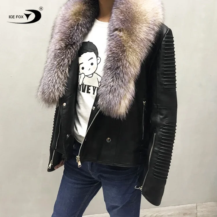 Wholesale Outer Pockets Real Soft Sheepskin Leather Zipper Black Men Motorcycle Leather Jacket