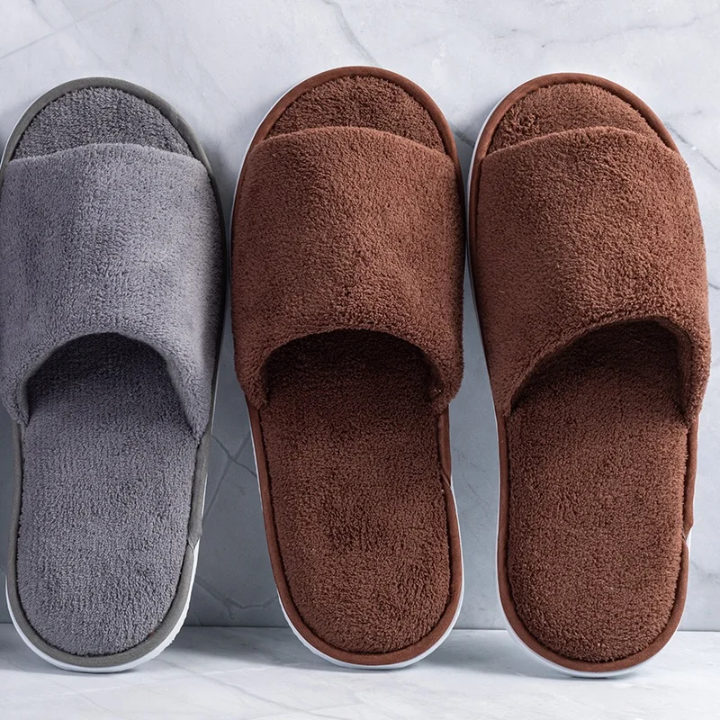 open toe hotel terry slippers with logo coral velvet slippers non-slip sole