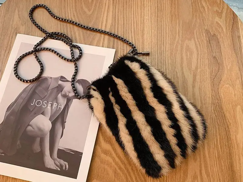 Handmade real mink fur bag knitted style mini fur purse women luxury fur shoulder phone case