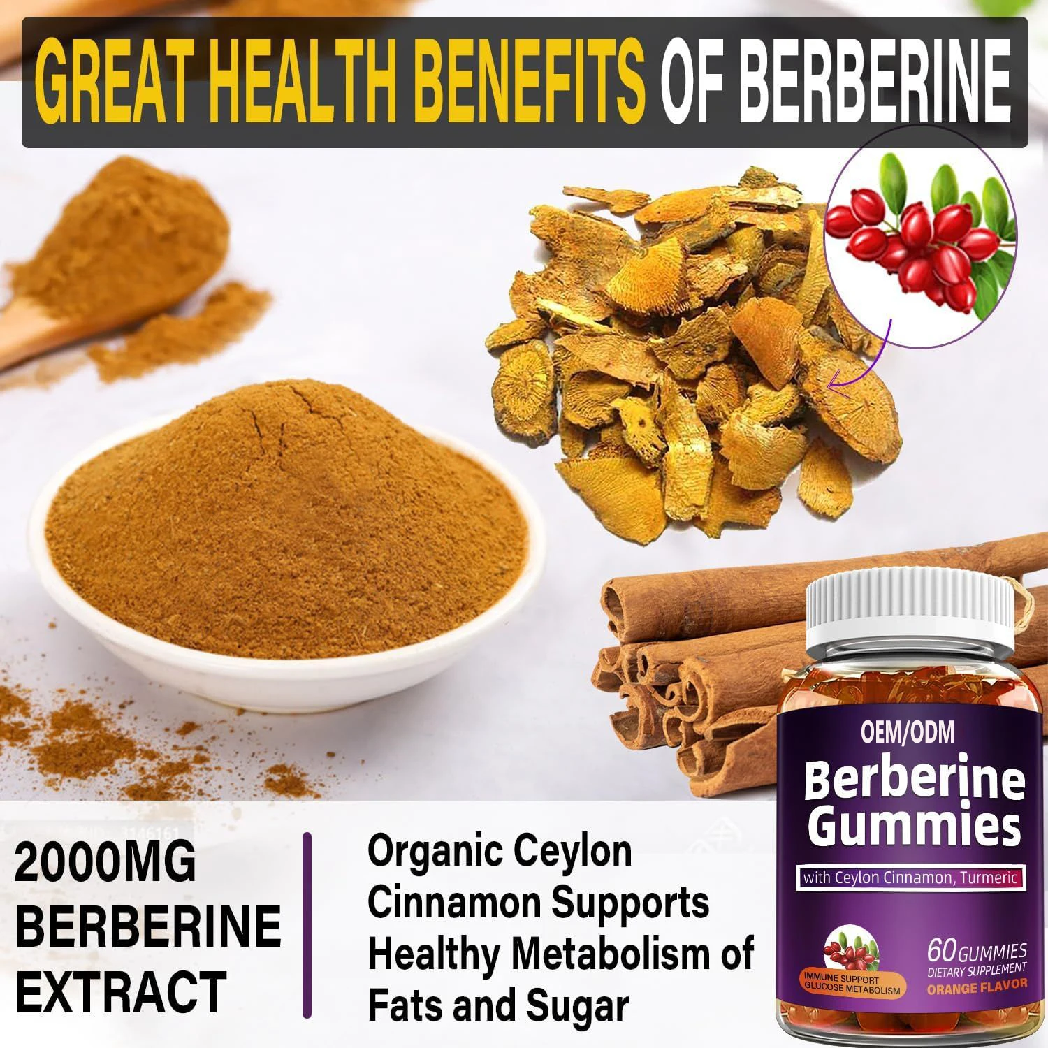 OEM /ODM Private Label Vegan Berberine Gummies with Ceylon Cinnamon Turmeric Extract Sugar Free Berberine HCL Supplement
