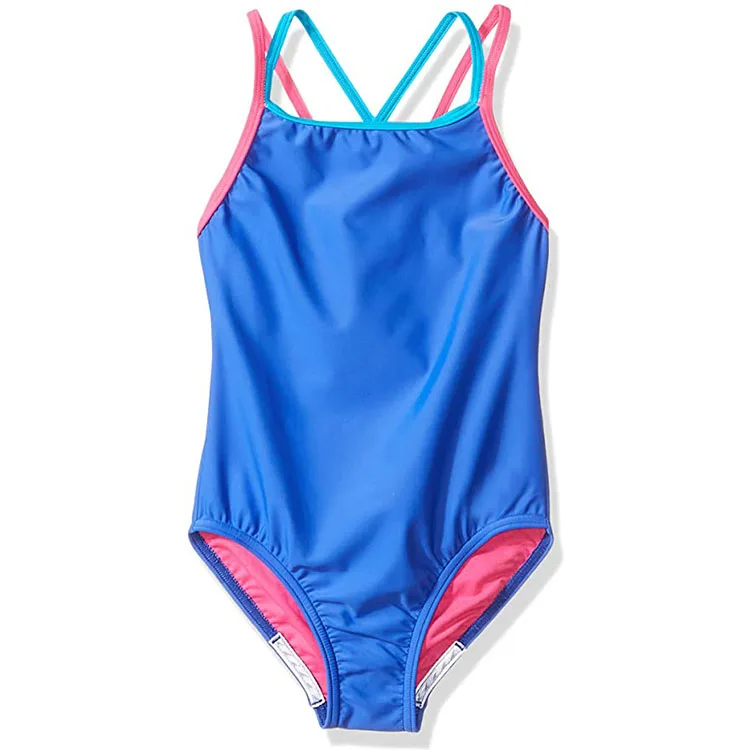 2023  Hot Selling Girls One Piece Contrast Color  Cross Back Multi Straps Nylon Kids Swimwear