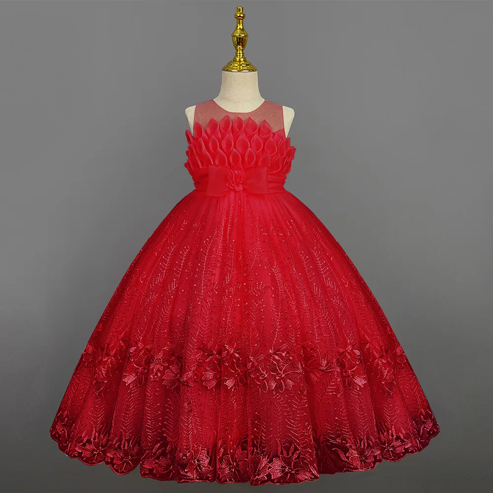 Finalz Christmas Embroidered Long Kids Tulle Wedding Party Night Dresses for Girls of 11 Years Children Summer Sleeveless Bow