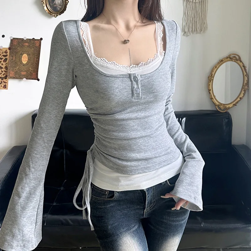 2024 Sweet style half-button u-neck women T-shirt drawstring waist slimming lace patchwork suspender two-piece set