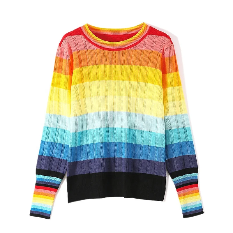 Hot Selling Good Quality Soft Lady Long Sleeve Fashion Rainbow Striped Custom Knitting Knitwear Sweater