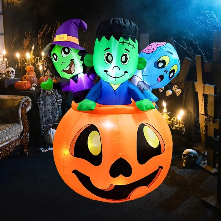 5FT Outdoor Halloween Decoration Inflatable Three Characters on Pumpkin Halloween inflatable Outdoor Yard Decoration