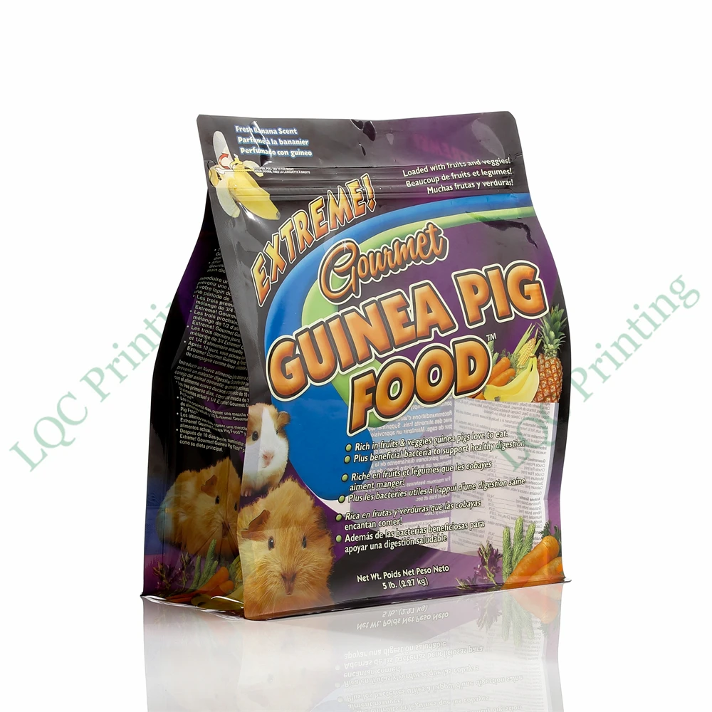 Custom printed reusable aluminium foil pet cat dog food feed stand up pouch quad seal flat bottom packaging zip lock package bag