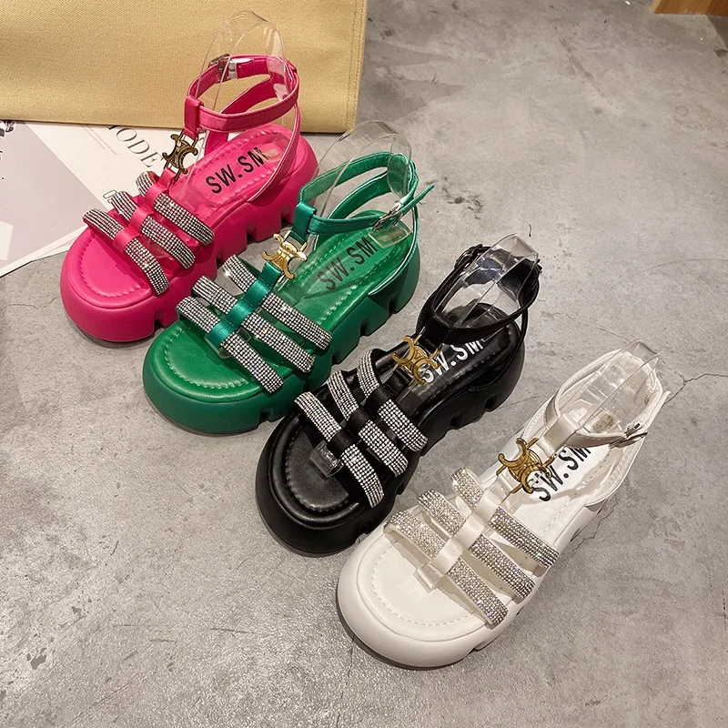 
Hot sales new models platform ankle strap with water drill colorful party wedding slides sandals dress shoes woman 