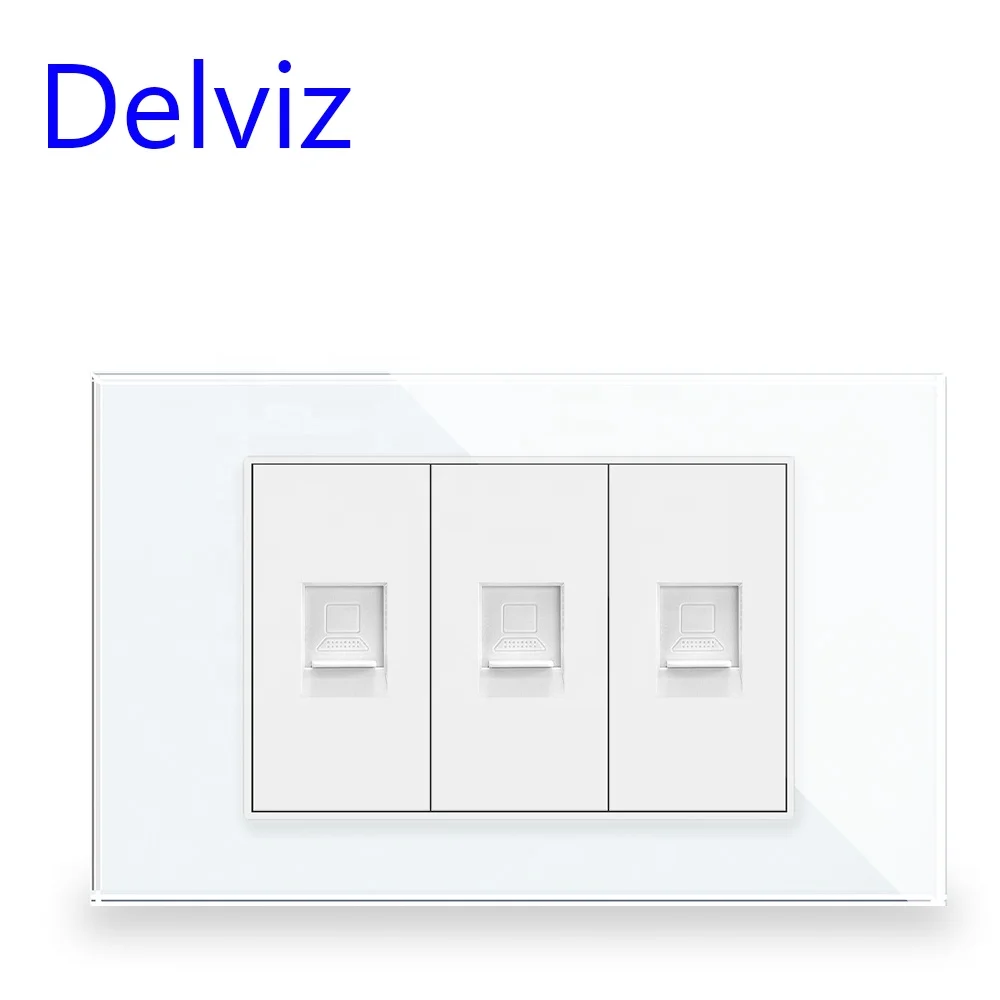 Delviz US standard Computer 3 port, RJ45 Module adapter, Crystal Glass Panel, CAT5E Interface Outlet, Network cable Wall Socket