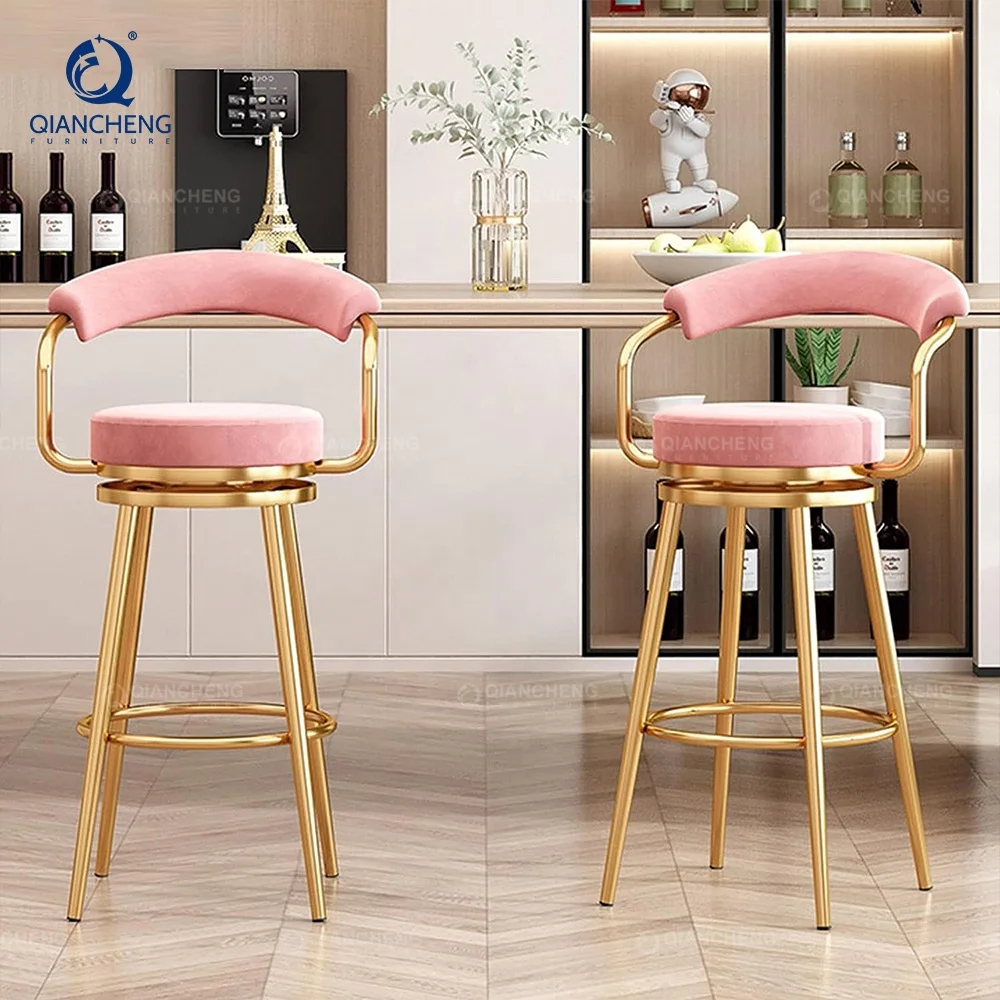 QIANCHENG luxury home furniture supplier high velvet chair kitchen island barstool high back swivel tall bar counter stool