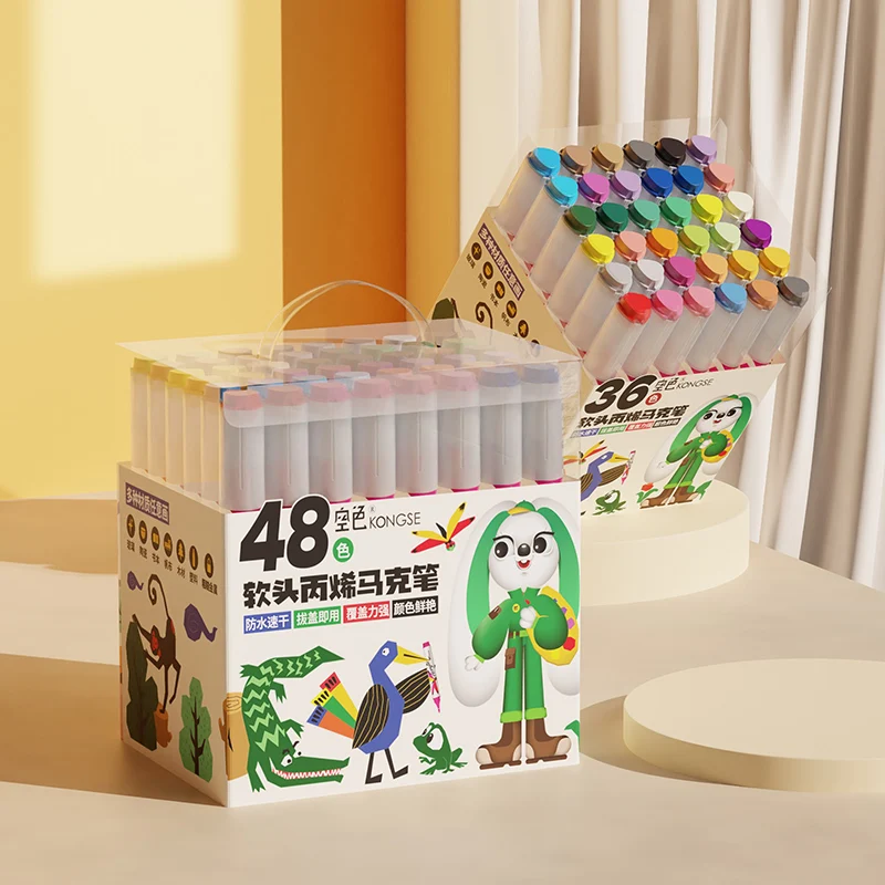 Marker Pens 48 Colors Acrylic Pens Brush Round Tip Pastel Pens for Adult Coloring Book Art Rock Painting Card Making