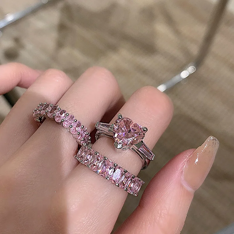 OUYE Pink Love Ring Heart-shaped Full Diamond Zircon Sweet Lady Princess Open Ring Index Finger Alloy Ring