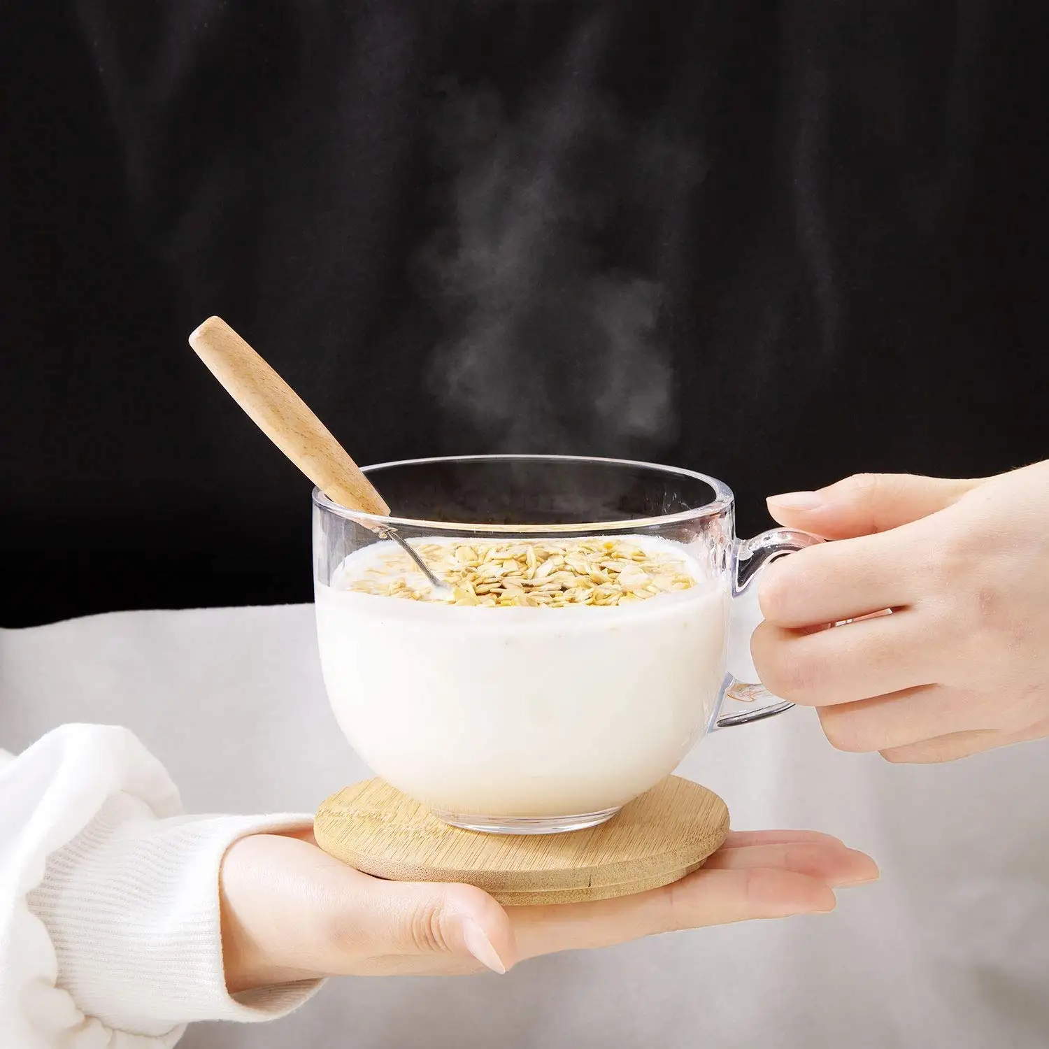 Wholesale Custom Logo Breakfast Milk Cup Dessert Cup Coffee Mug Batter Bowl Handle and Spoons with Glass