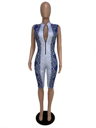 Hot Trendy  high quality Snake Print Romper Knee Length V Neck zipper front Stretchy women sexy bodycon jumpsuits and rompers